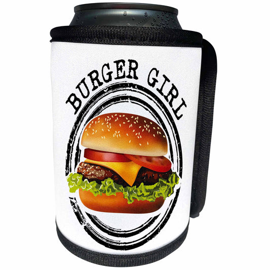 3dRose Carsten Reisinger - Illustrations - Burger Girl Cool Hamburger Cheeseburger Sandwich Barbecue BBQ Food - Can Cooler Bottle Wrap (cc_284233)