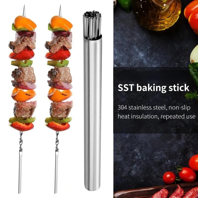 Stainless Steel Barbeque Skewer Storage Tube Reusable Grill Sticks Flat BBQ Fork BBQ Utensil Kitchen Outdoor Camping Accessories Kebab Skewers with Portable Metal Storage Tube Reusable for Grilling Barbecue Kitchen Party and Outdoor Cooking